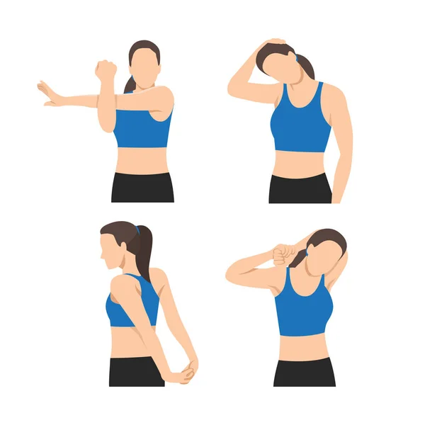 stock vector Woman stretching her neck, arms and shoulders. hand. Flat vector illustration isolated on white background