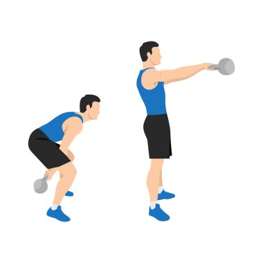 İki kollu Kettlebell salıncak egzersizi yapan adam. Düz vektör çizimi beyaz arkaplanda izole edildi