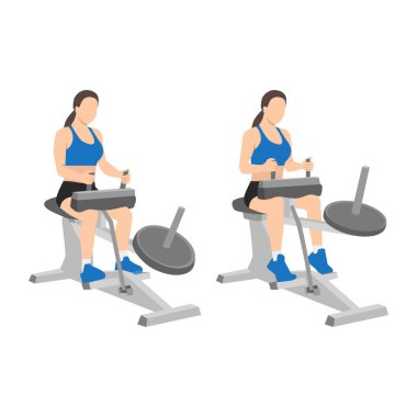 Spor aletlerini kullanan bir kadın. Oturan buzağı makinesi kalkıyor. Düz vektör çizimi beyaz arkaplanda izole edildi