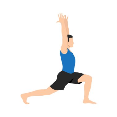 Savaşçı bir adam, ben de virabhadrasana egzersizi yapıyorum. - Evet. Düz vektör çizimi beyaz arkaplanda izole edildi