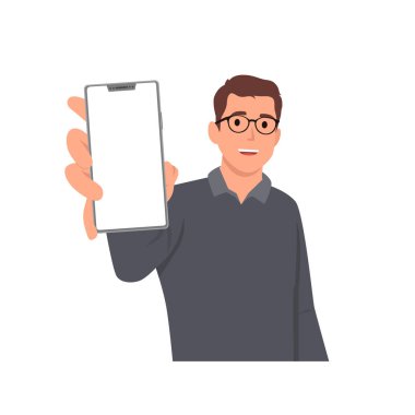 İşçi ya da iş adamı akıllı telefon gösteriyor, akıllı telefonu yakından tutuyor. Düz vektör çizimi beyaz arkaplanda izole edildi