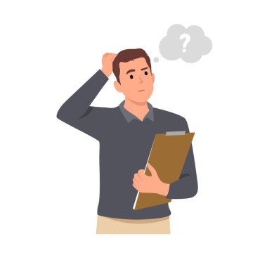 Genç bir çizgi film karakteri, kavramsal karakterin üzerinde soru işaretleriyle şüphe duyuyor. Düz vektör çizimi beyaz arkaplanda izole edildi