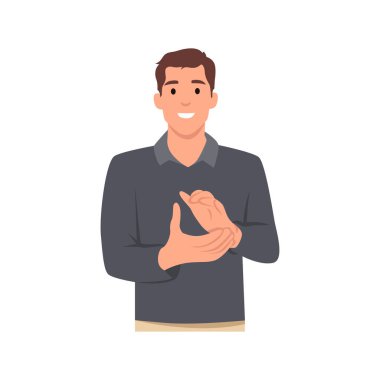 Genç adam alkışlıyor ve mutlu ve neşeli konsept karakteri alkışlıyor. Düz vektör çizimi beyaz arkaplanda izole edildi