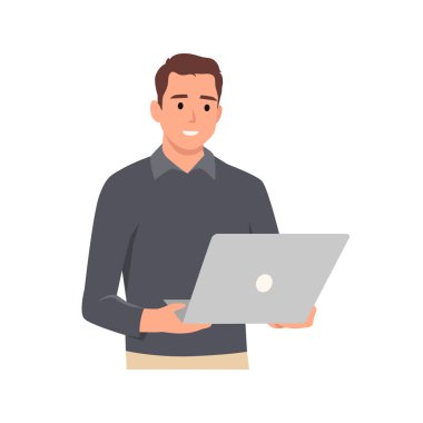 Genç adam dizüstü bilgisayar kullanıyor ya da tutuyor. Dizüstü bilgisayar teknolojisi kavramı karakteri. Düz vektör çizimi beyaz arkaplanda izole edildi