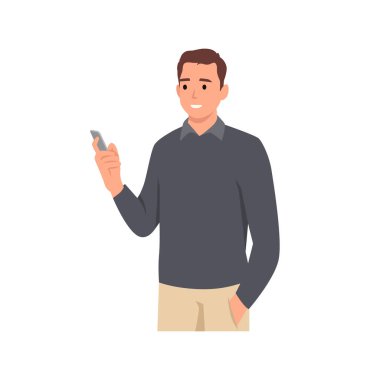 Genç adam akıllı bir telefon tutuyor. Kişi ve alet. İletişim ağı konsepti karakteri. Düz vektör çizimi beyaz arkaplanda izole edildi