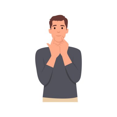 Genç adam çizgi film karakteri mutlu ve elini ağzını işaret ederek gülümsüyor. Beyaz arkaplanda lat vektör çizimi izole edildi