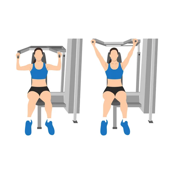Γυναίκα Που Κάνει Άσκηση Πιέσεως Ώμου Άσκηση Μηχανής Βάρους Επίπεδη — Διανυσματικό Αρχείο