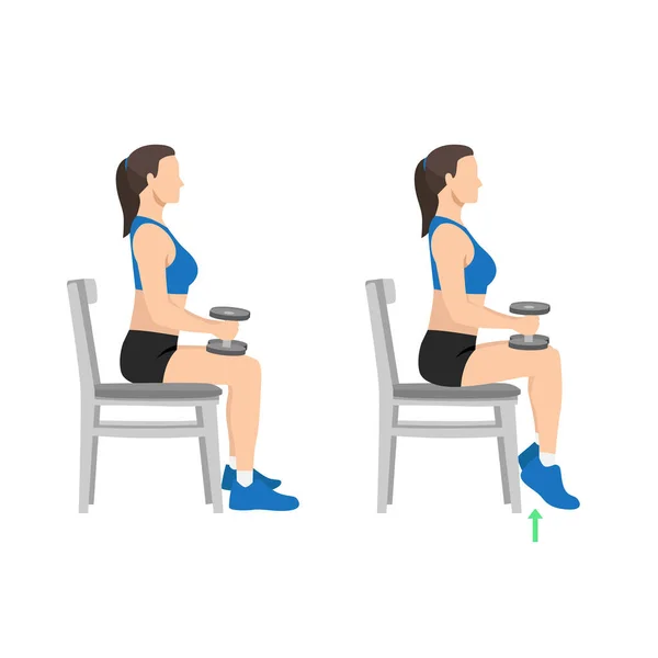 Stock vector Woman doing seated dumbbell or chair calf raises. Keep both legs at a 90-degree angle. Extend the heels of pushing the toes on the ground and lifting the heels of pushing. Flat vector illustration