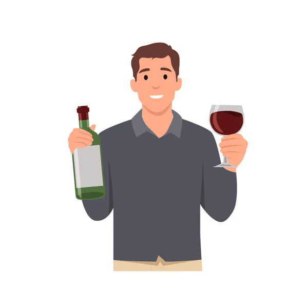 Young Man Cartoon Character Holding Bottle Wine Flat Vector Illustration — Stock Vector