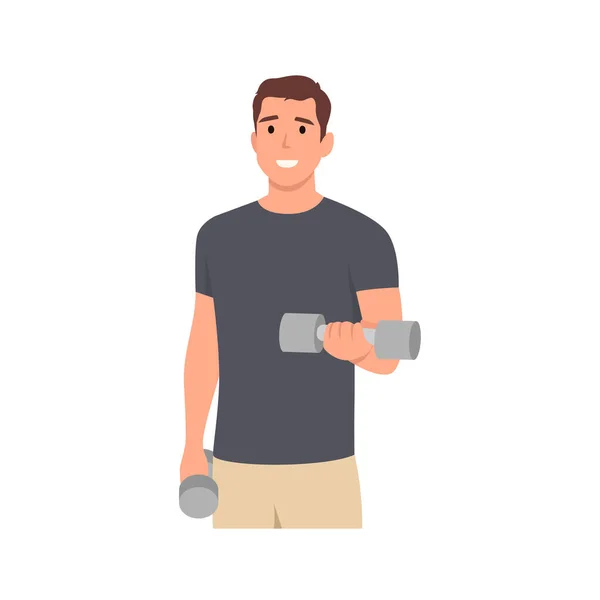 Young Man Workout Using Dumbbells Doing Bicep Curl Concept Character — Stock Vector