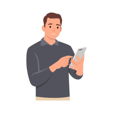 Genç adam akıllı bir telefon tutuyor. Kişi ve alet. Şebekede iletişim. Çizgi film tarzında vektör illüstrasyonu