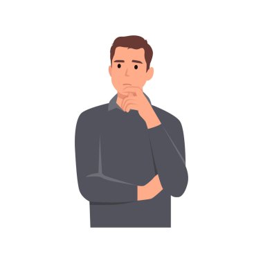 Kelime balonlarıyla düşünen, ellerini çenelerinin altına koyup düşünen genç bir adam. Düz vektör çizimi beyaz arkaplanda izole edildi