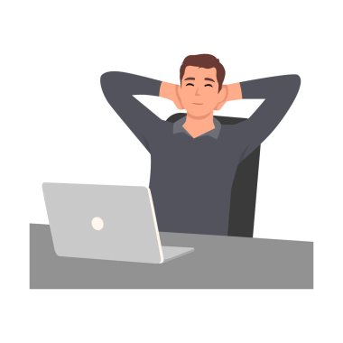 Dizüstü bilgisayarda çalışan genç adam masanın önünde oturuyor. Düz vektör çizimi beyaz arkaplanda izole edildi