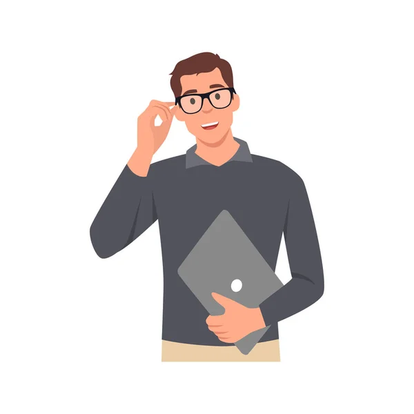 Young Man Touching His Glasses Looking Ahead Flat Vector Illustration — Stock Vector
