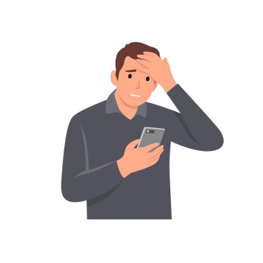Genç adam telefona bakarken mutsuz, kafası karışık ve hayal kırıklığına uğramış hissediyor. Düz vektör çizimi beyaz arkaplanda izole edildi