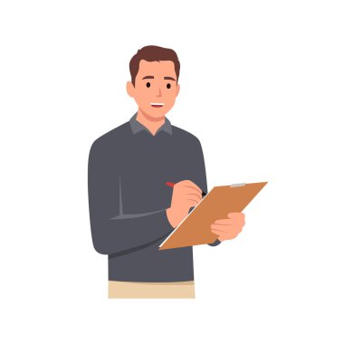 Genç adam notlar yazıyor, yapışkan notlar yazıyor iş projesini geliştiriyor, beyin fırtınası yapıyor, yaratıcı düşüncelere dalıyor, başlangıç planı yapıyor. Düz vektör çizimi beyaz arkaplanda izole edildi