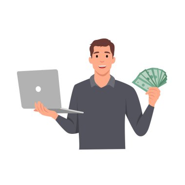 Genç adam internet konseptinden para kazanıyor. Laptopta sosyal medyada çok para kazanmak. Nakit tutuyor. Düz vektör çizimi beyaz arkaplanda izole edildi