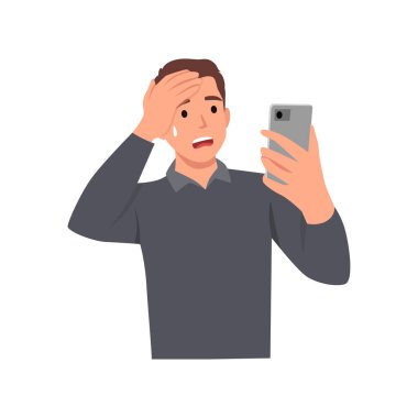 Akıllı telefonla mesajlaşan, elleri kafasında, şok olmuş, şaşırmış, sinirli ve hayal kırıklığına uğramış bir genç. Korku ve hata için üzüntü. Düz vektör çizimi beyaz arkaplanda izole edildi