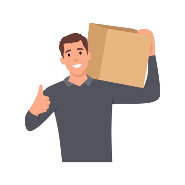 Üniformalı teslimatçı elinde bir paket kutusuyla gülümsüyor. Düz vektör çizimi beyaz arkaplanda izole edildi