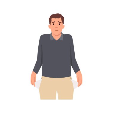 Parası olmayan genç bir adam. Cepleri dışarı dönük bir adam. Düz vektör çizimi beyaz arkaplanda izole edildi