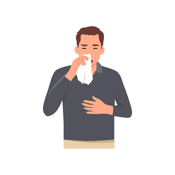 若い男は気管支炎を咳 一般的な風邪やコロナウイルス インフルエンザ熱や季節性疾患の感染症 呼吸器系ウイルス性疾患 白い背景に隔離されたフラットベクトルイラスト — ストックベクタ
