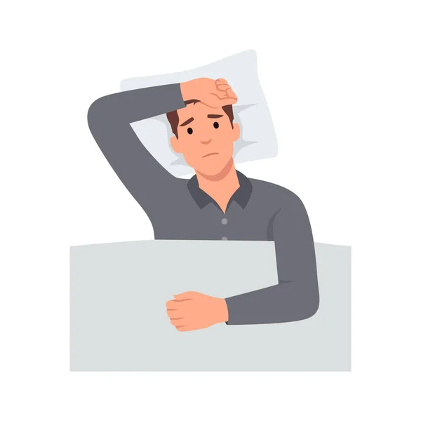 Mladý Muž Nespící Trpí Nespavostí Poruchou Spánku Smutná Unavená Mužská — Stockový vektor