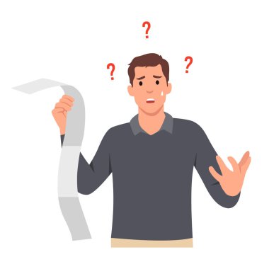 Finansal temalı, yorgun ve şok olmuş bir adamın uzun bir tasarıyı elinde tutması ve incelemesi. Aşırı harcamalarından dolayı şoka uğrayan bir adamın finansal sorunu. Düz vektör çizimi beyaz üzerine izole edildi