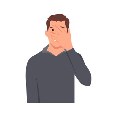 Genç adam facepalm jesti ile hayal kırıklığına uğradı, utandı. Elleri alnında pişman olan kişi başarısız olur. Düz vektör çizimi beyaz arkaplanda izole edildi