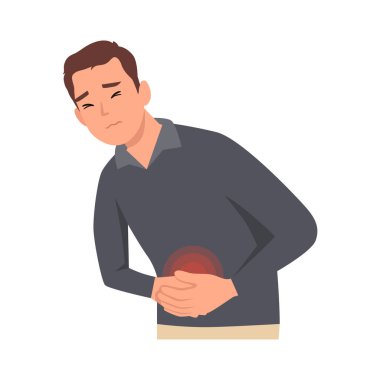 Young unhealthy man suffer from stomach ache or gastritis. Unwell male touch belly struggle with abdominal pain. Flat vector illustration isolated on white background clipart
