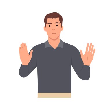 Genç adam çizgi film karakteri elleriyle duruyor. Hayır de. Düz vektör çizimi beyaz arkaplanda izole edildi