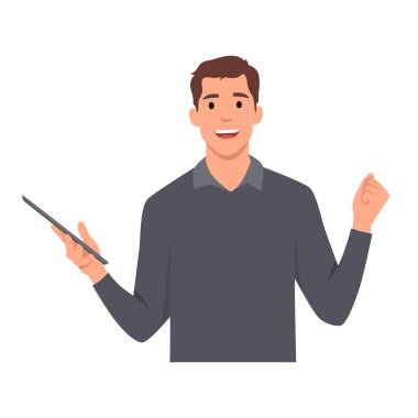 Genç adam, izleyiciye çok mutlu bir bakış attı ve iyi bir sonuç için el hareketi yaptı. Gülümseyen adam telefonu ya da tableti tutarak zafer kazandı. Düz vektör çizimi beyaz arkaplanda izole edildi