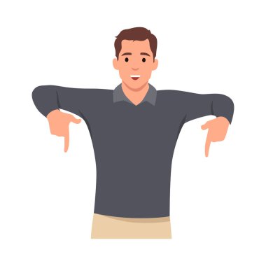 Genç adam beyaz boş afişin arkasında duruyor ve fotokopi alanını işaret ediyor. Düz vektör çizimi beyaz arkaplanda izole edildi