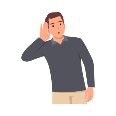 Genç adam kulağının dibinde el ele tutuşuyor. Dinleme ve fısıldama merakı, dedikodu ve dikkat. Düz vektör çizimi beyaz arkaplanda izole edildi