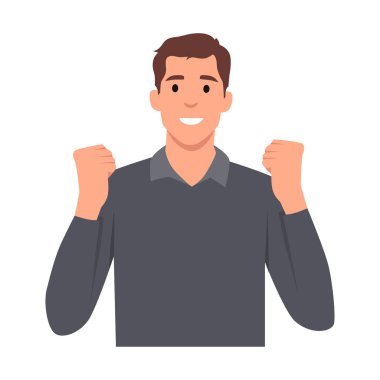 Zaferi kutlayan genç adam başarıyı, gücü, enerjiyi ve olumlu duyguları ifade ediyor. Kişi yumruklarını sıkıyor. Başarılı adam el kaldırdı. Düz vektör çizimi beyaz üzerine izole edildi