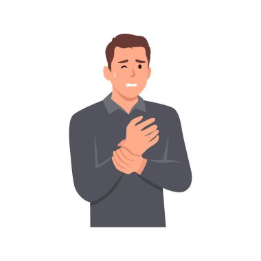 Genç adam bir elinde uyuşukluk hissediyor. Kas ya da kemik problemi. Bilek yaralanması. Düz vektör çizimi beyaz arkaplanda izole edildi