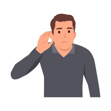 Daha yüksek sesle söyle. Adam gülümsüyor ve eli kulağını duyuyor ve duyamadığını gösteriyor. Sağır adam. Düz vektör çizimi beyaz arkaplanda izole edildi