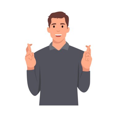 Genç adam gülümseyerek şans diledi. Bir Dilek Tutan Adam. Düz vektör çizimi beyaz arkaplanda izole edildi