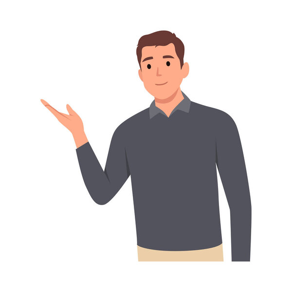 Young man pointing away and showing or presenting something while standing and smiling. Man pointing copy space. Flat vector illustration isolated on white background