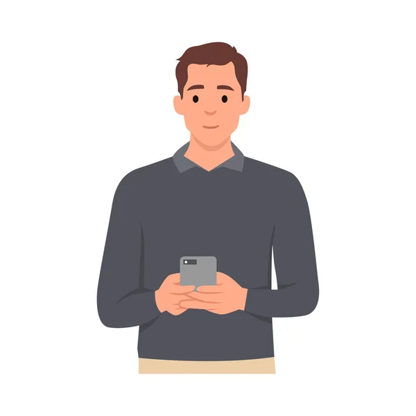 Молодой Человек Использует Мобильный Телефон Плоская Векторная Иллюстрация Белом Фоне — стоковый вектор