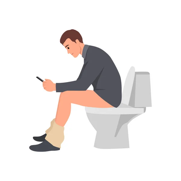 Jongeman Zit Toiletpot Met Telefoon Hand Vlakke Vector Illustratie Geïsoleerd — Stockvector