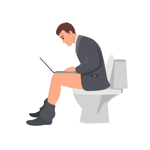 Jongeman Die Het Toilet Zit Laptop Gebruikt Vlakke Vector Illustratie — Stockvector