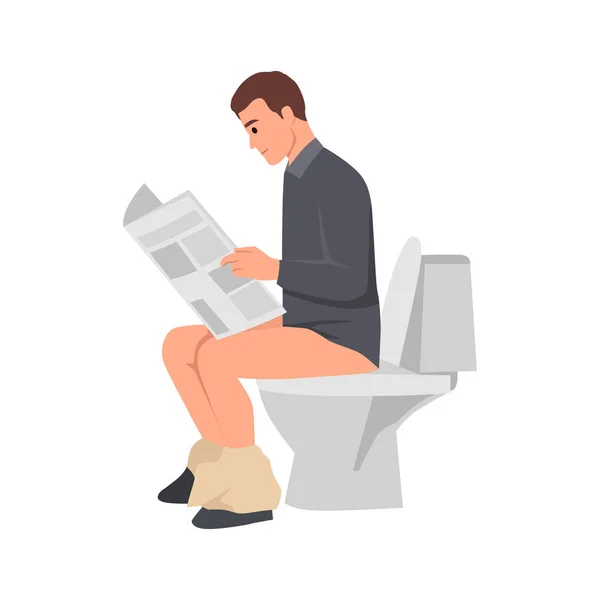 若い実業家のトイレに座って 側面の角度から新聞を読む 白い背景に隔離されたフラットベクトルイラスト — ストックベクタ