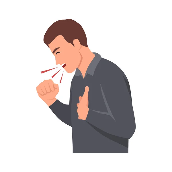 咳をしている若い男 アレルギーまたは風邪を持つ男性 病気の男 呼吸器疾患の症状を持つ男 白い背景に隔離されたフラットベクトルイラスト — ストックベクタ