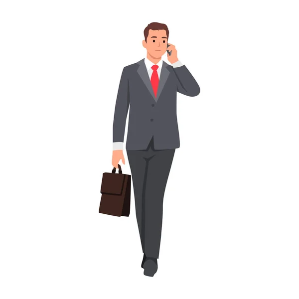 Young Businessman Walk Cellphone Talking Holding Briefcase Flat Vector Illustration — Stock Vector