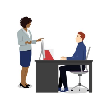 Angry business woman pointing finger at man. Colleague reprimanding, blaming, accusing coworker of mistake. Office workers conflict. Argument, confrontation dispute. Flat vector illustration clipart