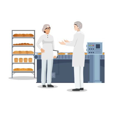 Pastane Fabrikası Gıda Üretiminde çalışan bir işçi konuşuyor. Ekmek Fırıncısı Makine Sanayi Fabrikası. Düz vektör çizimi beyaz arkaplanda izole edildi