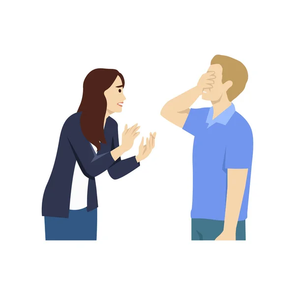 Man Woman Quarreled Man Covered His Face Because Felt Guilty — Stock Vector