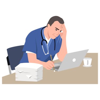 COVID-19 salgını sırasında çalışmak. Çalışan üniforması giyen stresli doktor çizgi film karakterinin portresi. Önünde dizüstü bilgisayar ve kağıt ile strese giriyor.