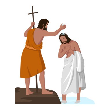 Hıristiyanlık, din, İncil kavramı. Hazreti İsa 'nın oğlu İsa' nın vaftiz duası Ürdün 'deki nehir suyunda peygamber John Baptist' in kutsal ruhtan inişi. Yeni Ahit İncilsel Dini Serisi