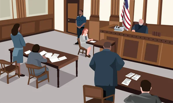 Séance Dans Salle Audience Juge Procureur Avocat Criminel Juré Policier — Image vectorielle